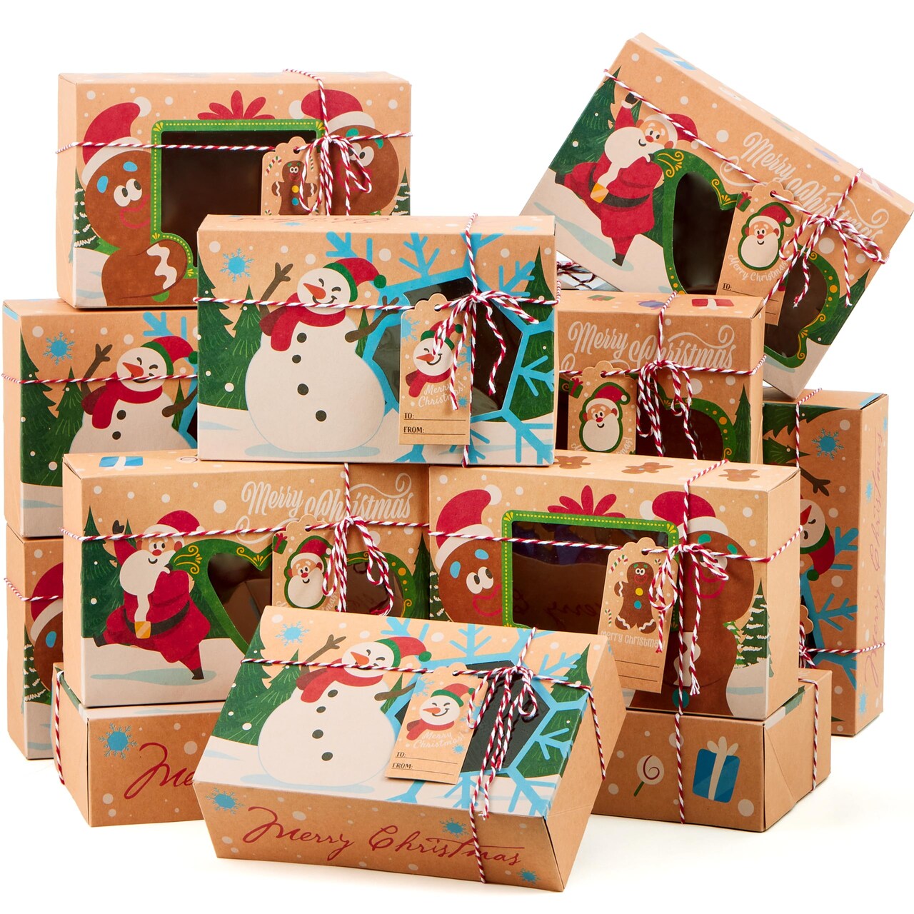 JOYIN 24 PCS Christmas Cookie Gift Baking Box 8.75" x 5.75" x 2.75” with Window Auto-Popup, Xmas Holiday Treat Boxes Containers with Tags for Party Favor Pastries, Cupcake, Brownies, Donut Gift-Giving